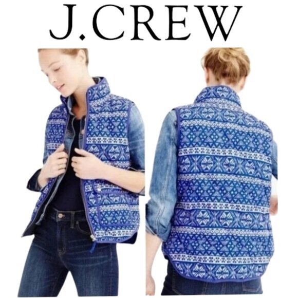 J. Crew Fair Isle Excursion Duck Down Quilted Puffer Vest Blue/white Size Medium - Picture 1 of 8